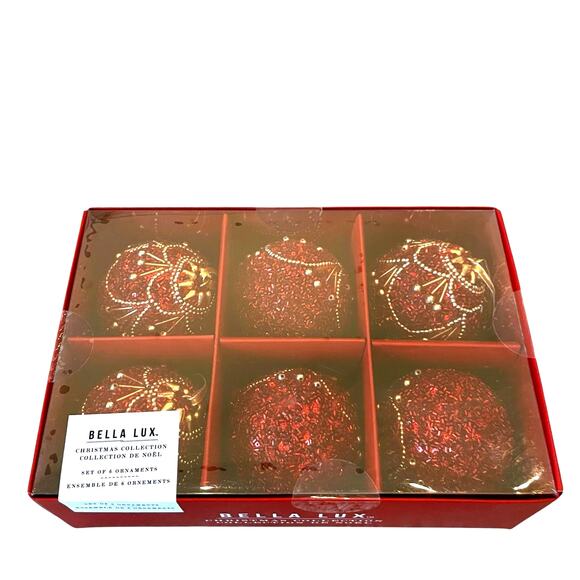 Bella Lux Red Gold Beaded Christmas Ornaments 2.5in Set of 6 Holiday Glam NEW - Picture 2 of 10